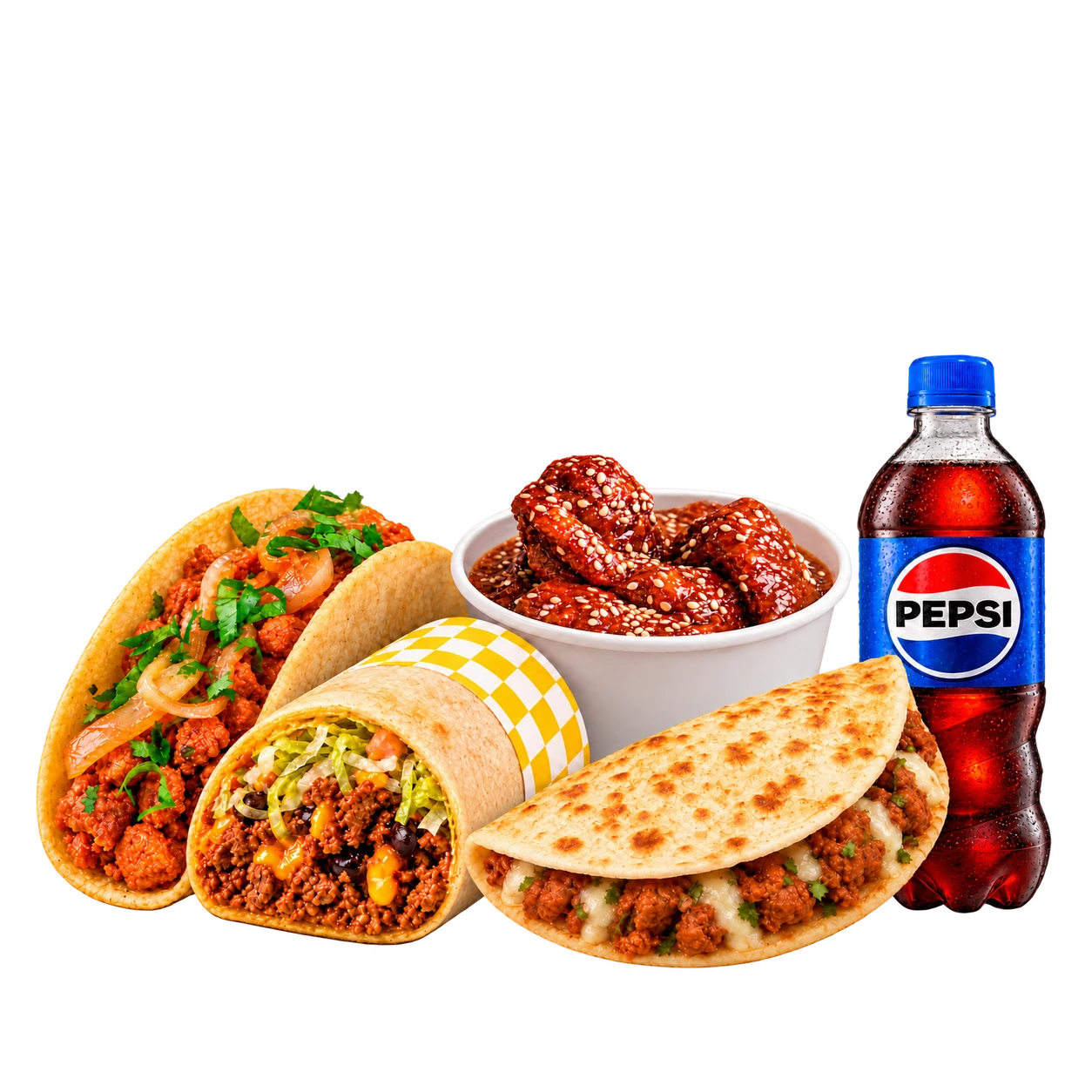 Pastorcito Mix: taco, burrito, gringa, alitas y Pepsi
